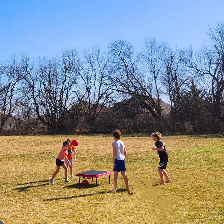 kids playing boardball in the backyard
